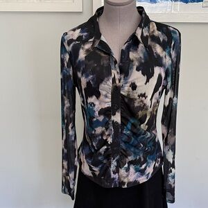 Sanctuary Abstract Print Button-Down Blouse in Black, Teal & Cream